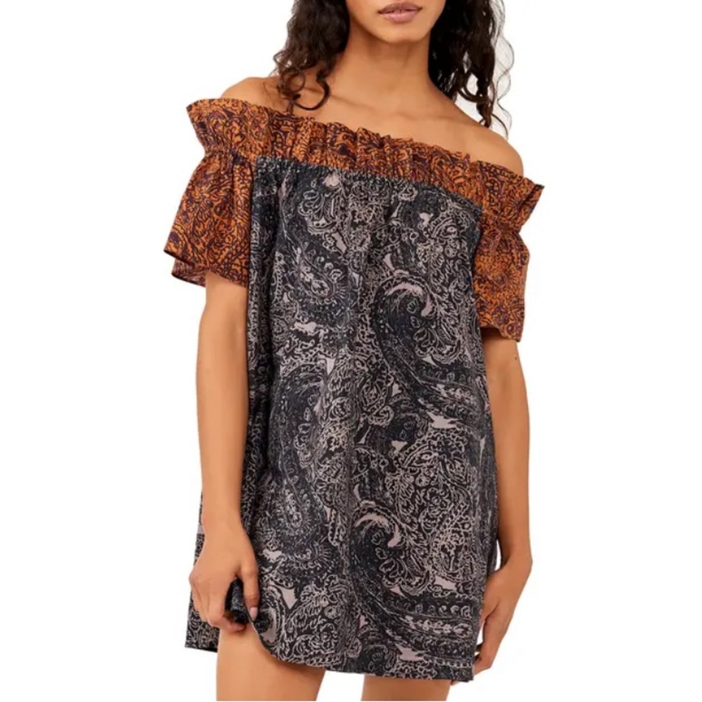 Free People Off-Shoulder Paisley Mini Dress in Black and Rust